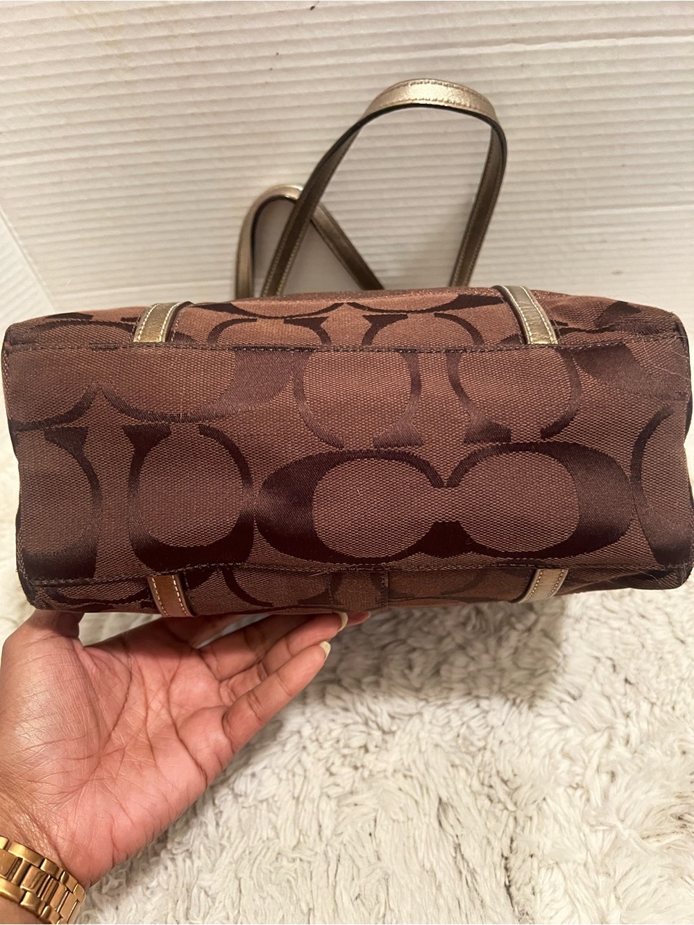 Coach Vintage y2k Brown and Gold Signature Stripe Metallic Copper Tote - Picture 10 of 11